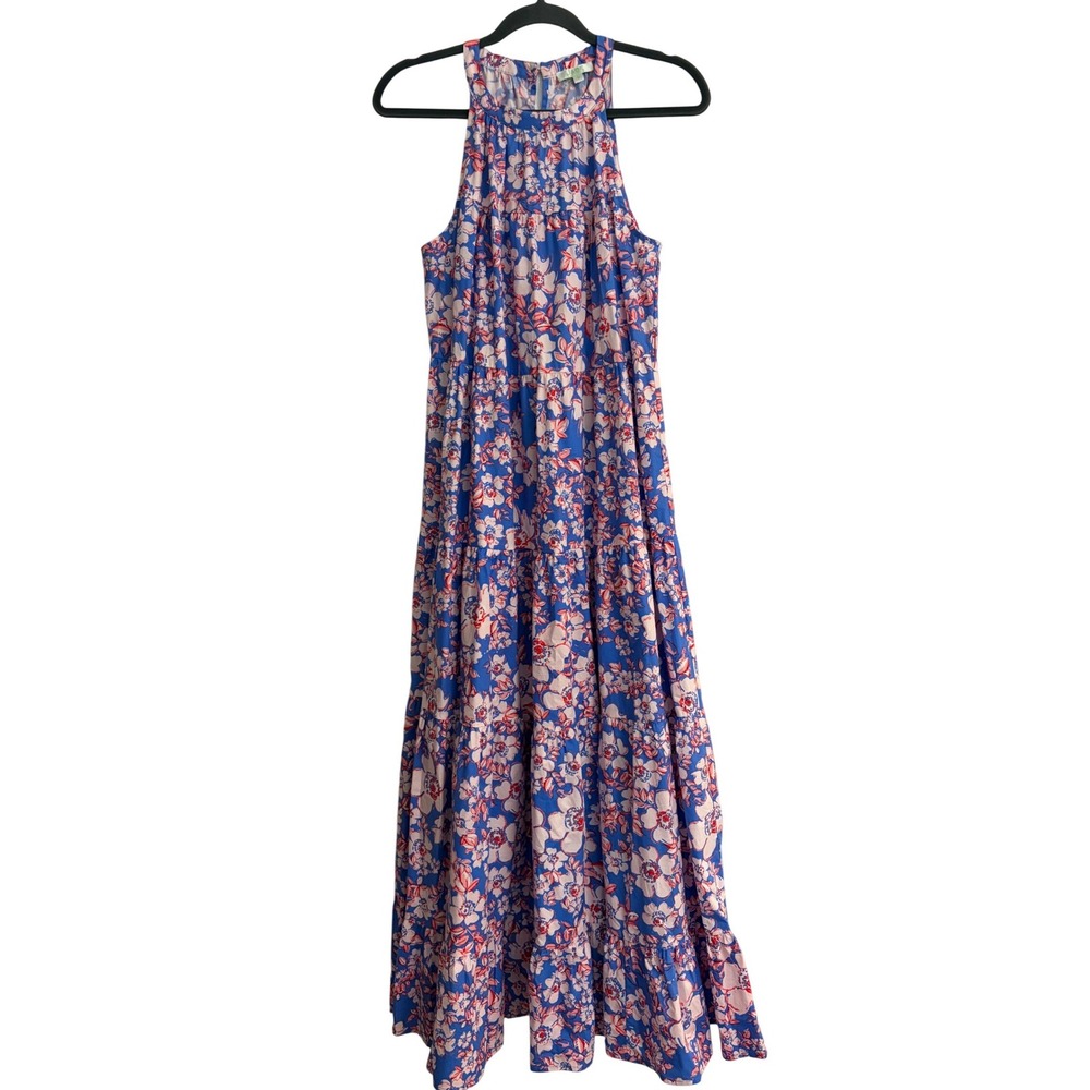 Jade Melody Tam Blue Pink Floral Halter Tiered Cotton‎ Full Maxi Dress Size M